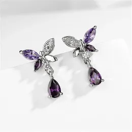 Dangle Earrings Luxury Purple Butterfly For Women Shiny Water Drop Zircon Earring Bridal Wedding Party Jewellery