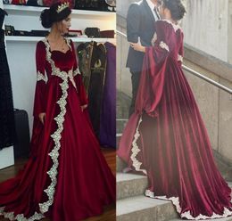 Arabic Long Burgundy Velvet Formal Evening Gowns Lace Appliques Trumpet Long Sleeves Caftan Dubai Prom Party Dress1501772