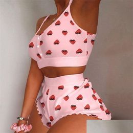 Women'S Sleepwear Womens 2 Pieces Kawaii Stberry Print Frill Cami Pyjama Set Cute Crop Top Shorts Suits Lady Y Lingerie Drop Delivery Dhvep