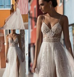 Beach Wedding Dresses Side Split Spaghetti Illusion Sweep Train Pearls Backless Sexy Boho Bridal Gowns Bohemian9597242