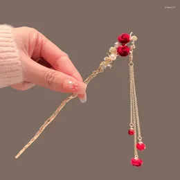 Hair Clips Retro Chinese Style Clip Flocking Rose Tassel Hairpin Ancient Senior Sense Wedding Party Accessories