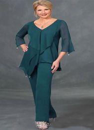 Mother Of the Bride Dress Mother's Dresses Suits Trousers V-Neck With Half Sleeve Chiffon Custom Plus Size New Pant Suits For Weddings Dark Green