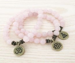 SN1107 Genuine Rose Quartz Bracelet Antique Brass Om Buddha Lotus Charm Bracelet Gift For Her2308069