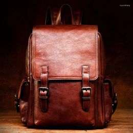 Backpack Men Luxury Designer Soft Handmake Distressed Cognac Leather Rucksack Knapsack With Pockets Gifts For School Travel Bag