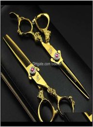 swivel shears 6Dot0quot 2Pcs Sharp Dragon Handle Gold Barber Hair Scissors Set Salon Cutting Thinning Shears Hairdressing Flat T1112593