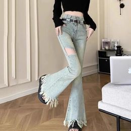 Women's Jeans 2024 Spring High Waist Hole For Women Slim Burrs Edge Straight Leg Pants Y2k Retro Denim Flare Trousers Woman Pantalones