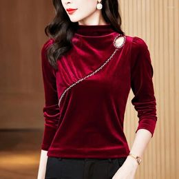 Women's Blouses High Necked Hollow Out Tops Vintage Beaded Velvet Blouse Autumn Winter Long Sleeved Women Shirt