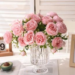 Decorative Flowers 30cm Artificial Rose Flower Silk Bouquet Peony 5 Big Head 4 Small Bud Wedding Home Decoration Flowe