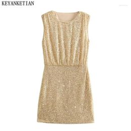 Casual Dresses KEYANKETIAN 2024 Launch Women's Gold Sequined Decoration Sleeveless Mini Dress Spring Elegant Shiny Skinny SunDress Xshape