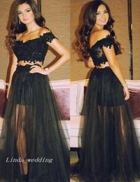 2019 Black Two Piece Prom Dress Off Shoulder Lace Sweep Train Long Special Occasion Dress Evening Party Gown Plus Size vestidos de6143853