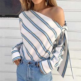 2024 Summer Women New Striped Loose Blouse Fashion Lady Off Shoulder Lace Up Shirts Female Elegant Tops Blouses Long Sleeve S-XL