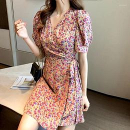 Party Dresses Sweet Versatile Temperament Printed V-neck Tie Up A-line Skirt For Women Fashion Casual Short Sleeved Slim Fit Mid Length