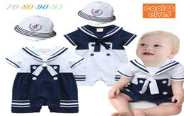 whole 2019 new baby boy romper sailor navy style toddler costume cotton short sleeve with hat baby jumpsuit 4pcslot 03age ab1918536