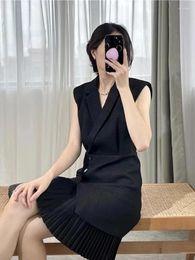 Casual Dresses Formal For Women 2024 Early Spring French Style Sleeveless Vest Suit Collar Folded Spliced Hundred Pleats Women's Dress