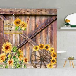 Sunflower Shower Curtain, Farm Truck Wood Panelling Spring Flower Butterfly Hummingbird Farmhouse Barn Door Bathroom Decoration