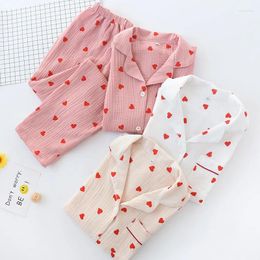 Home Clothing Love Heart Print Pajama Sets Spring Summer Cotton Gauze Long Sleeve Tops Pants Ladies Sleepwear Women 2024