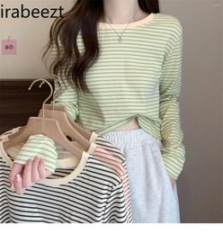 Women's T Shirts Chinese Fashion Striped Bottom Tops Crew Neck Long Sleeve Blousewomen Spring And Autumn Simple Casual Short Slimming Shirt