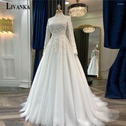 Party Dresses LIVANKA Modern High Neck Prom Gowns For Women A-line Tulle Pleat Lace Appliques Long Sleeves Vestidos De Gala Personalised