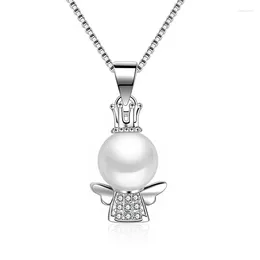 Pendant Necklaces Cute Angel Simulated Pearl Pendants Choker CZ Crystal Stone Silver Color Colar Jewelry Gifts For Women Girls