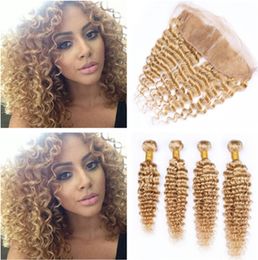 Honey Blonde Peruvian Hair Bundles Deep Wave with Frontal 4Bundles 27 Strawberry Blonde Human Hair Wefts with 13x4 Lace Frontal C2078833