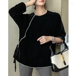 Ethnic Clothing 2024 Spring Autumn Black Velvet Chinese Top Women's Fashionable Foreigner Long Sleeve Beaded Shirt Lady Improve Tangsuits