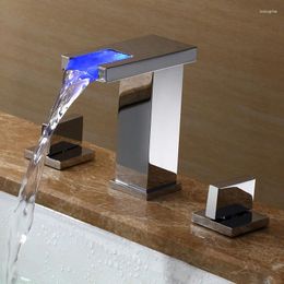 Bathroom Sink Faucets Two Handles 3 Holes Waterfall LED Temperature Color Changing Chrome Faucet Deck Lavatory Basin Tub Mount Fauce