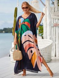 Boho Printed Kaftan Summer Clothing Women Plus Size V-Neck Batwing Sleeve Beachwear Cover-ups Maxi Dress Robe Sarong Q1476