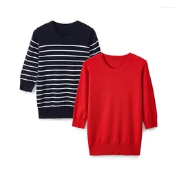 Women's T Shirts Spring 2024 Women O Neck Striped Knit Shirt Casual Tees Summer Crop Top