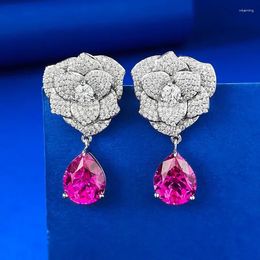 Dangle Earrings Flower Ruby Diamond Earring Real 925 Sterling Silver Wedding Drop For Women Bridal Engagement Jewellery Gift