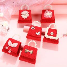 Shoulder Bags Kid Bag Pearl Crystal Pack Lace Bowknot Square Pocket Detachable Chain Velvet Handbag Red