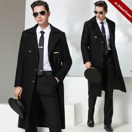 Aviation Company Pilot Trench Coat Male Airline Captain Black Woollen Fabric Outwear Winter Thick Overcoat Security Work Uniform
