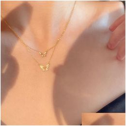 Pendant Necklaces 2024 New Golden Inlaid Zircon Double Layer Butterfly 14K Yellow Gold Necklace Womens Personality Fashion Jewelry Bir Dhpfx