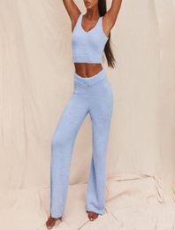 Women039s Tracksuits Women Sexy 2 Piece Fuzzy Plush Outfits VNeck Backless Crop Top Long Pants Winter Sweater Solid Colour Paja7852764