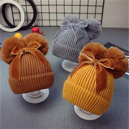 9styles Double Fur Ball Bow Hats Baby Pom Pom Beanie Cap Toddler Kids Baby Girls Winter Warm Crochet Knitted Hat Accessories Caps29678150
