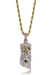 Fashion Copper Gold Colour Plated Iced Out Jesus Face Pendant Necklace Micro Pave Big CZ Stone Hip Hop Bling Jewelry1484666