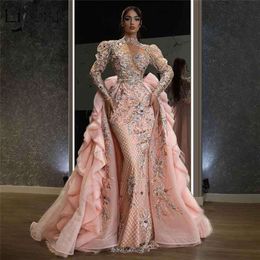 Кристаллы бисера русалочка выпускная платья с съемной вышивкой поезда Цветочный формальный вечернее платье арабское гала -гала -платье
