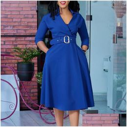 Basic Casual Dresses 2024 Arrivals Ladies Dress Turn Down Collar V Neck Belt Waisted Three Quarter Sleeve Mid Calf Elegant Female Busi Dhqex