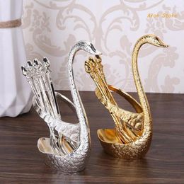 Spoons 6Pcs Fruit Forks Coffee Spoon Stainless Steel Dinnerware Set With Swan Base Holder For Cake Dessert Ice Cream