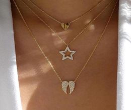 Pendant Necklaces Rhinestone Angel Wing Necklace For Women Crystal Heart Butterfly Choker Gold Color Layered Collier Femme Bijoux7107665