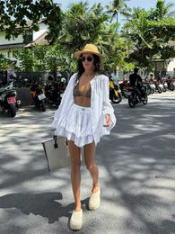 Basic Casual Dresses Fashion Women White Shorts Set Solid Long Slve Shirt And Shorts Two Piece Sets 2024 Summer Casual Home Highstrt Lady Outfit 1 T240415