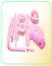 Bondage Pink PU Fur Bondage Set Gag Whip Hand Ankle Cuffs Blindfold Neck Collar E946628744