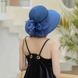 Ball Caps Womens Summer Organza Large Brim Patchwork Sun Hat Flower Fashion Sun Hat Holiday Beach Hat Knitted Flower PicnicL240413