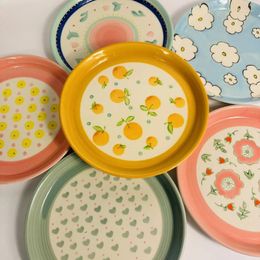 Plates 8 Inch Ceramic Plate Korean Style Household Round Porcelain Dinnerware Fruit Bread Dessert Breakfast Kitchen Supplies