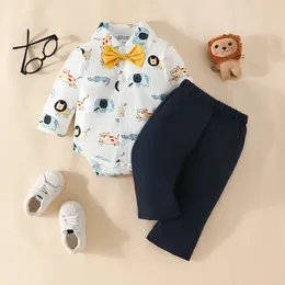 Clothing Sets Baby Boys 2Pcs Gentleman Outfits Long Sleeve Animal Print Bowtie Shirt Pants Set Born Clothes