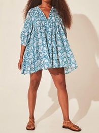 Casual Dresses Fashion Women Mini Dress Half Sleeve Lacing Flower Print Pleated Loose Summer For Daily Club Street Style S-XL