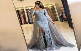 Silver Mermaid Prom Dresses With Detachable Skirt Long Sleeves V Neck Applique Formal Evening Dress Side Split Evening Gowns4818337