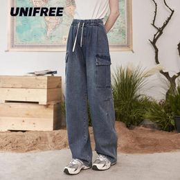 Women's Jeans UNIFREE Straight Leg American Retro Streetwear Cargo Pants Large Pockets Baggy For Women