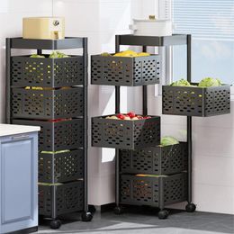 Hooks Multi-Layers Kitchen Storage Shelf 360°Rotating Vegetable Rack Square Metal Baskets With Wheels Installation Free