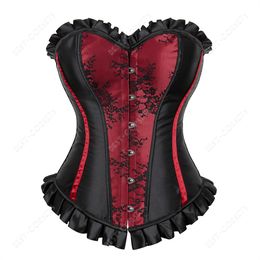 Corsets for Women Sexy Vintage Satin Corset Flower Print Lace Bustiers Top Plus Size Gothic Red Overbust Corset