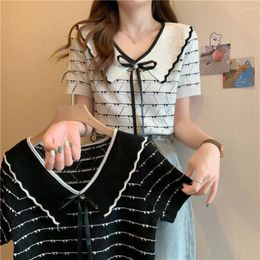 Women's T Shirts Summer Bow Tie With Stripes T-shirt Fashion Temperament Thin Top Sweet Casual Knit Outdoor